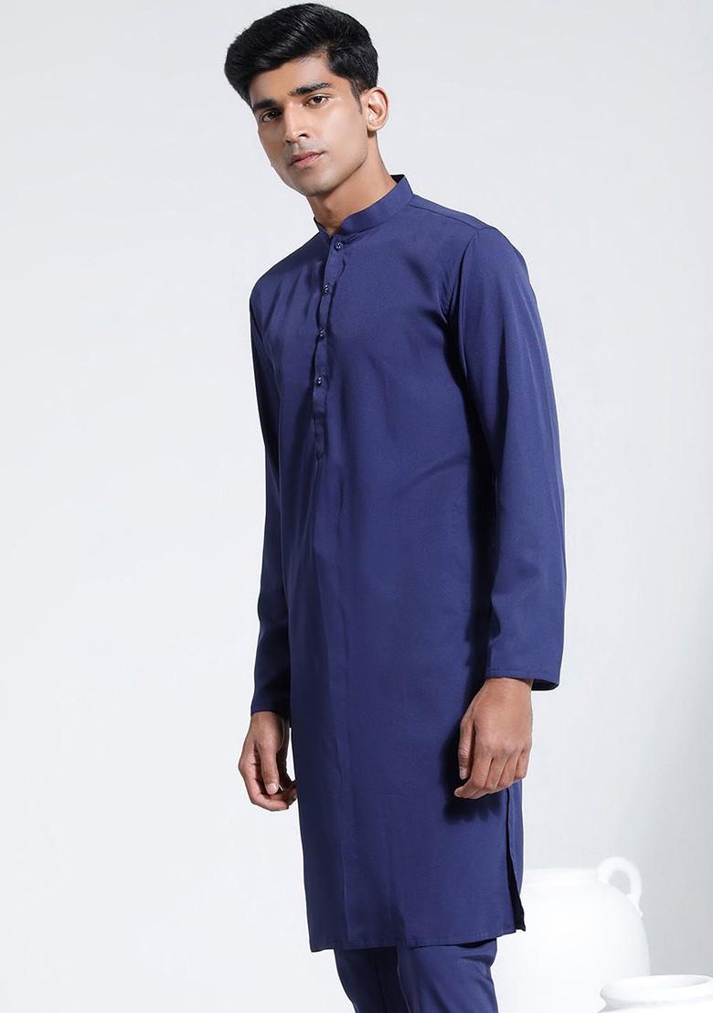 Navy Blue Solid Crepe Kurta For Men