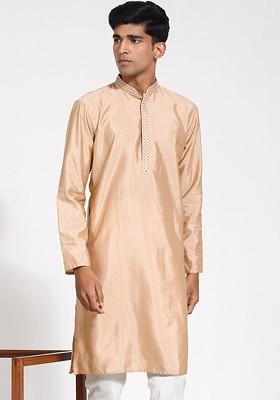 Rose Gold Solid Jacquard Kurta For Men