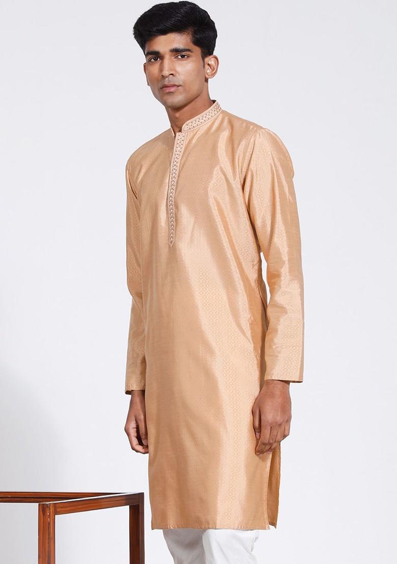 Rose Gold Solid Jacquard Kurta For Men