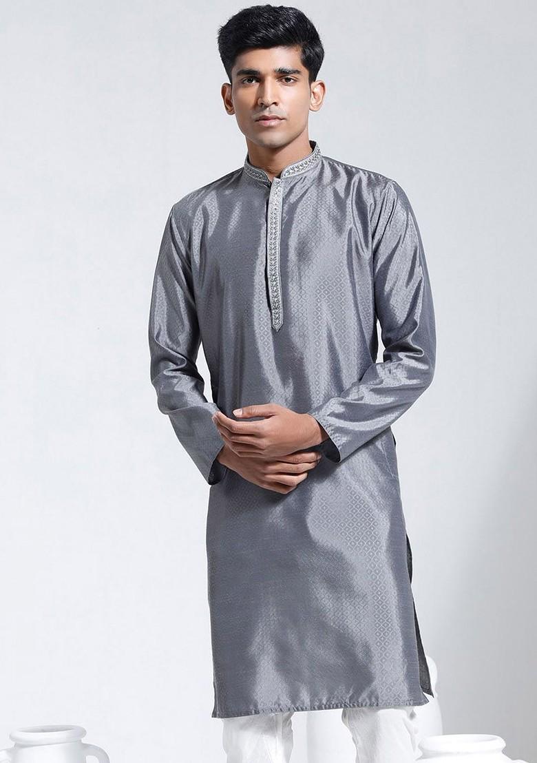 Grey Solid Jacquard Kurta For Men