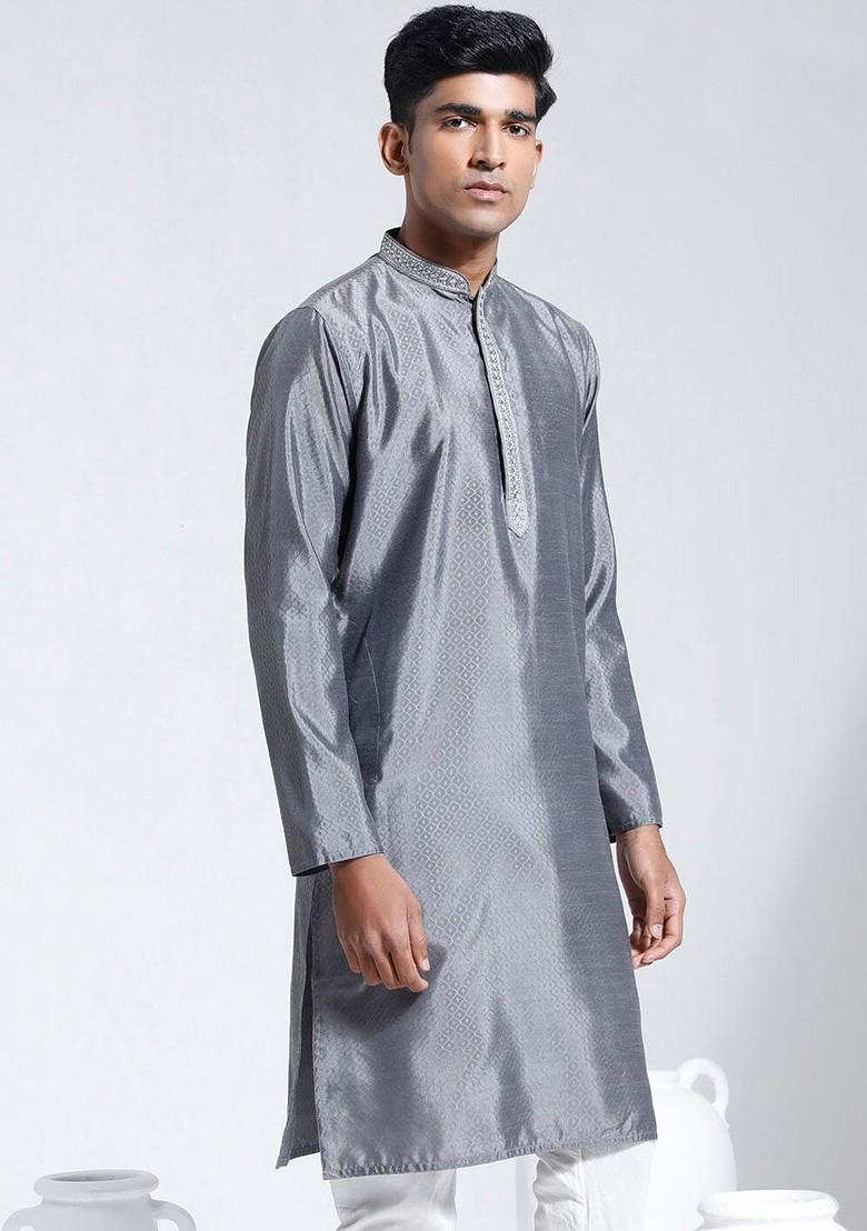 Grey Solid Jacquard Kurta For Men