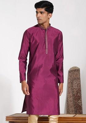 Purple Thread Work Silk Kurta For Men