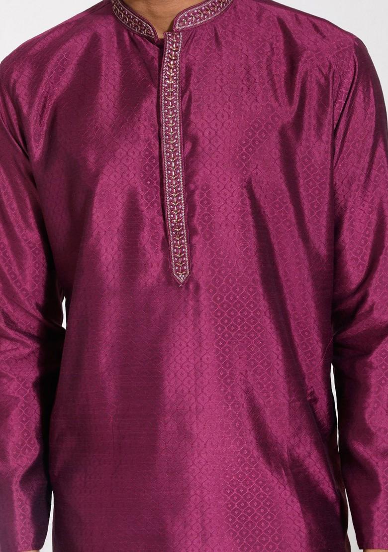 Purple Thread Work Silk Kurta For Men