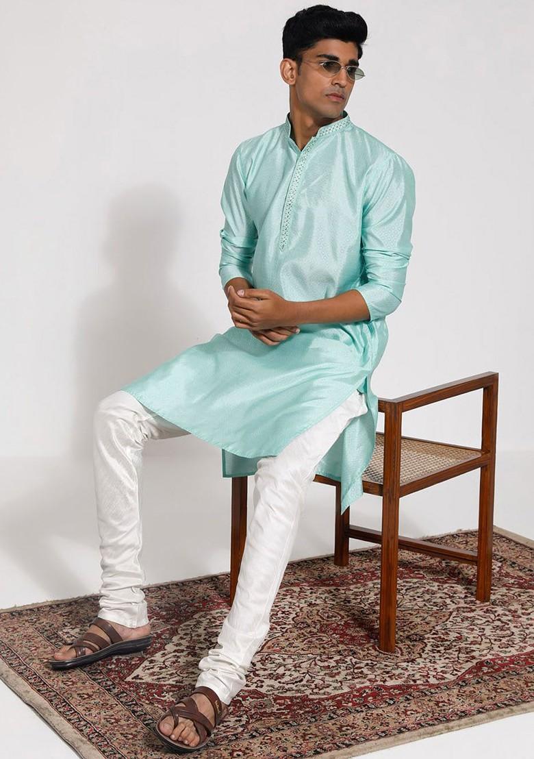 Green Ethnic Motifs Jacquard Kurta For Men