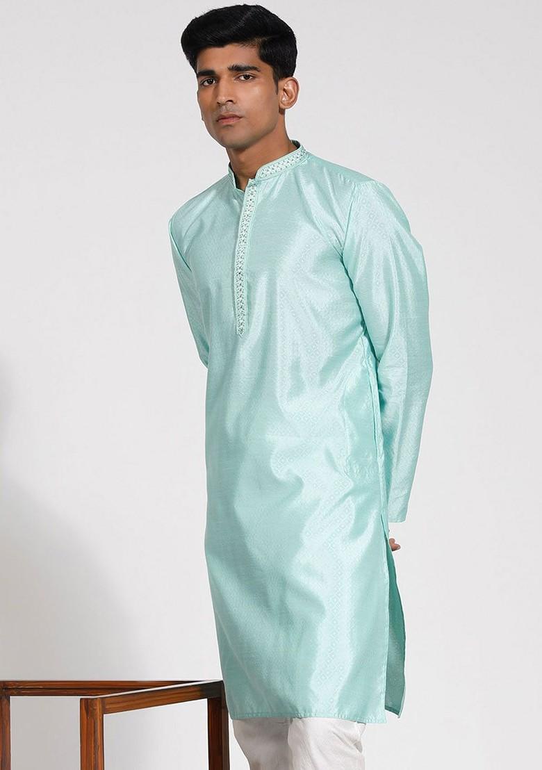 Green Ethnic Motifs Jacquard Kurta For Men
