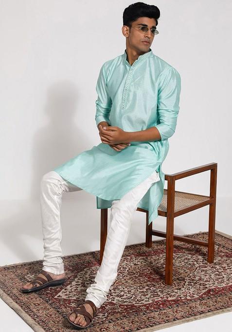 Green Ethnic Motifs Jacquard Kurta For Men