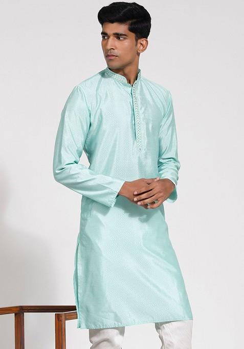 Green Ethnic Motifs Jacquard Kurta For Men