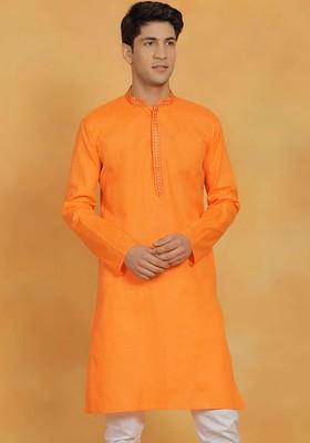 Orange Thread Work Cotton Kurta For Men