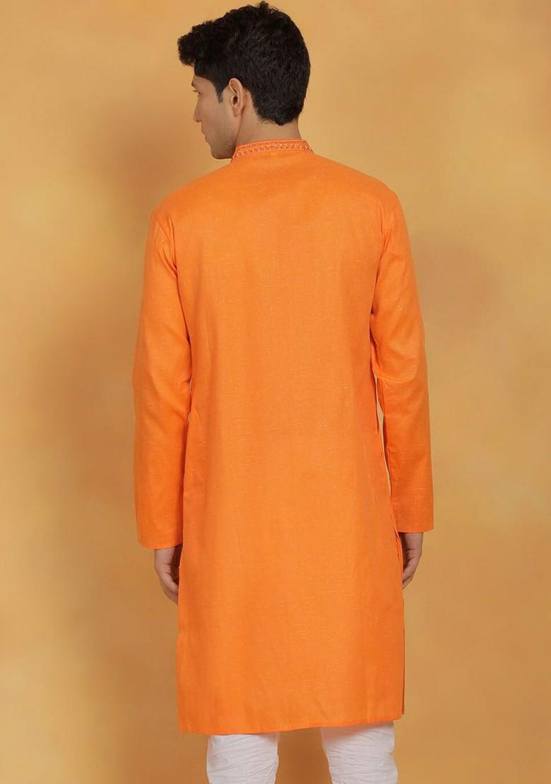 Orange Thread Work Cotton Kurta For Men