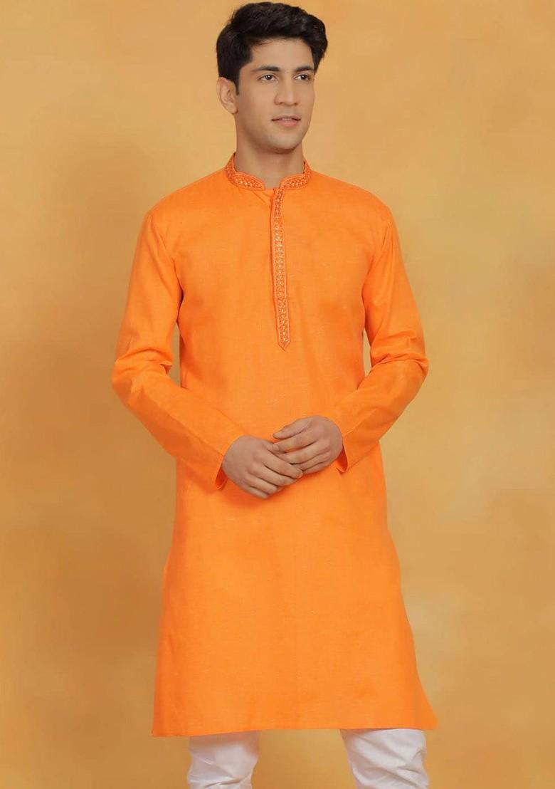 Orange Thread Work Cotton Kurta For Men