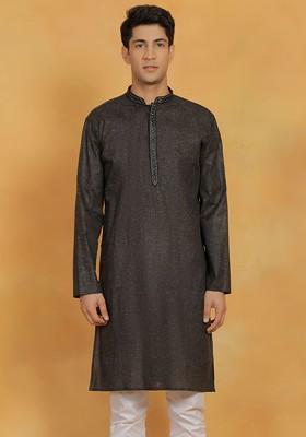 Black Thread Work Cotton Kurta For Men