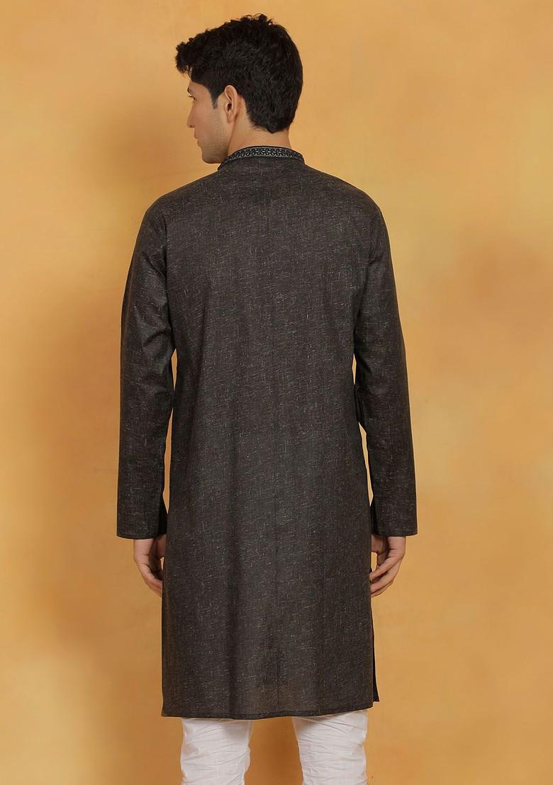 Black Thread Work Cotton Kurta For Men