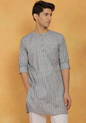 Grey Woven Cotton Kurta For Men