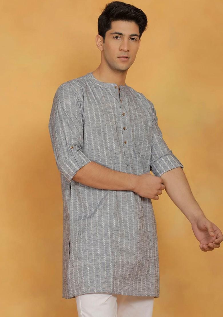 Grey Woven Cotton Kurta For Men