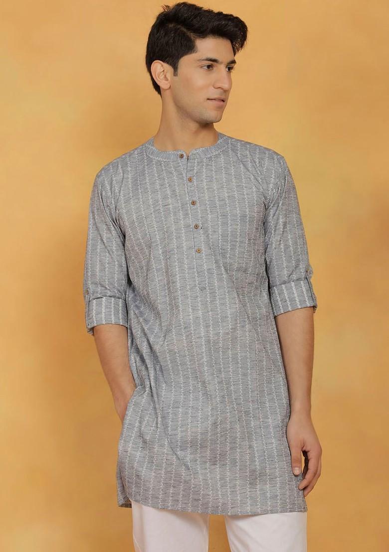 Grey Woven Cotton Kurta For Men
