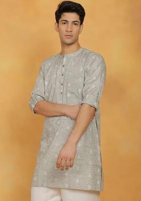 Green Woven Cotton Kurta For Men