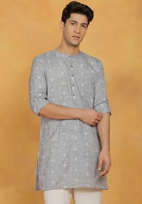 Grey Woven Cotton Kurta For Men