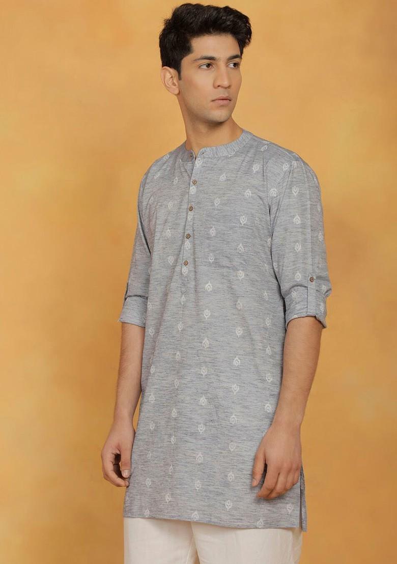 Grey Woven Cotton Kurta For Men