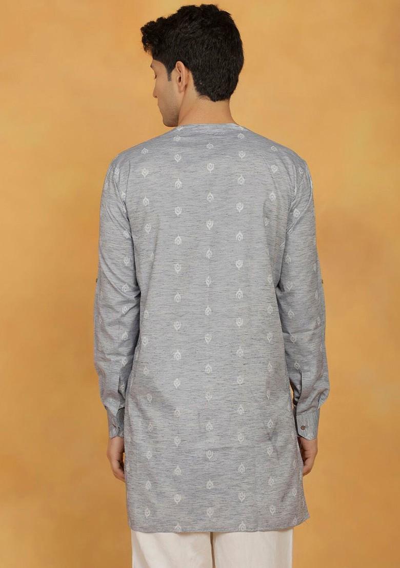Grey Woven Cotton Kurta For Men