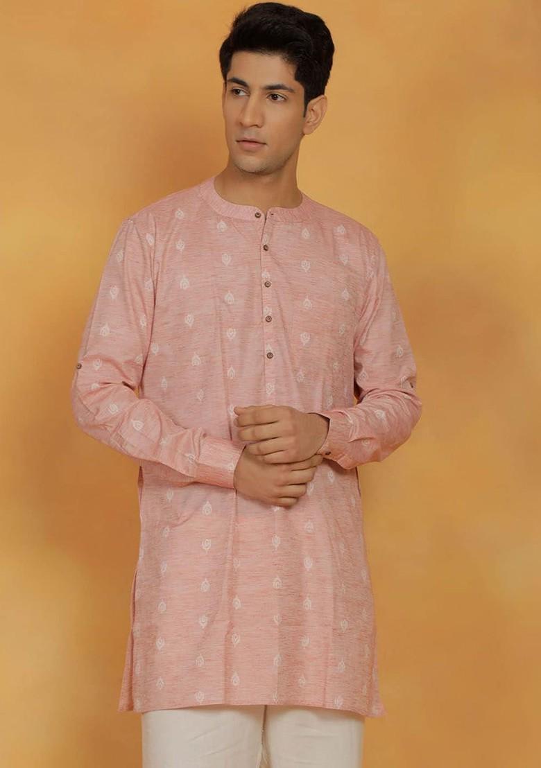 Pink Woven Cotton Kurta For Men
