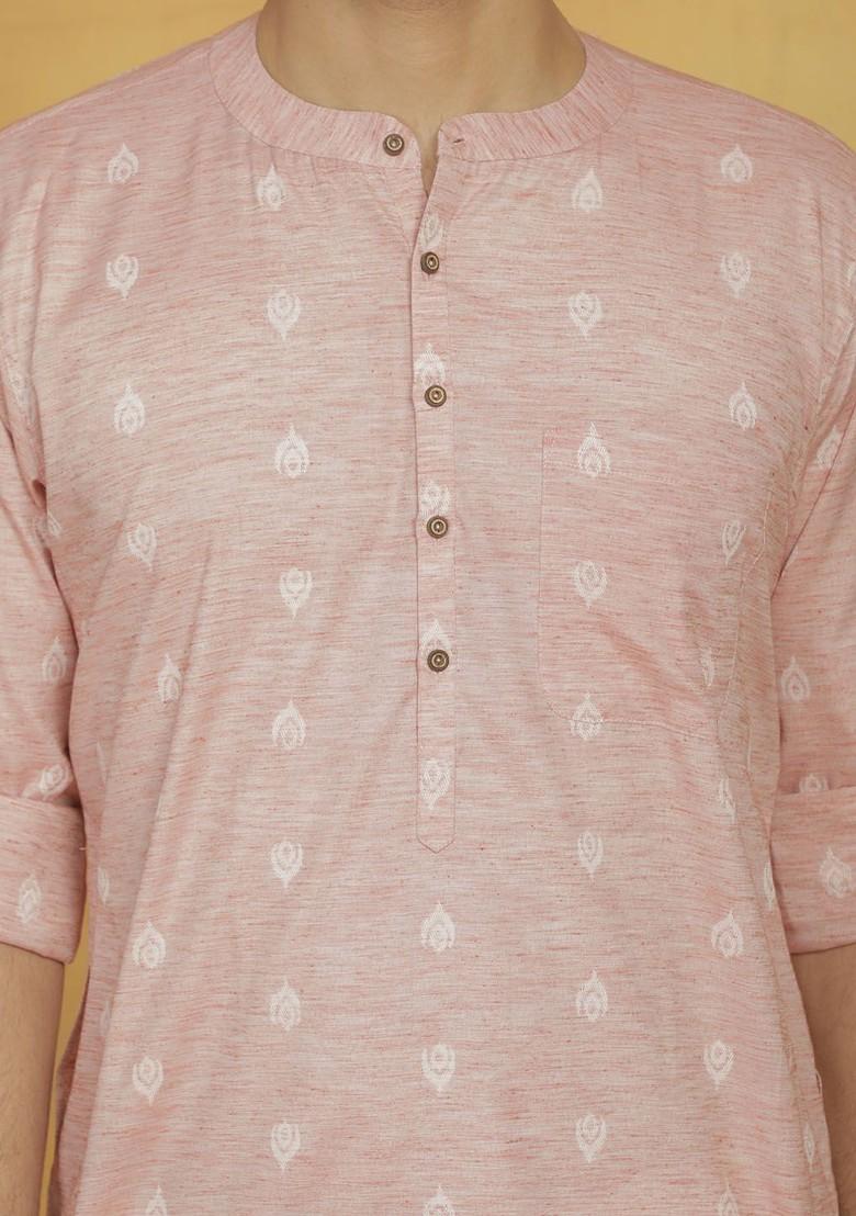 Pink Woven Cotton Kurta For Men
