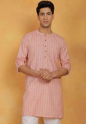 Pink Woven Cotton Kurta For Men