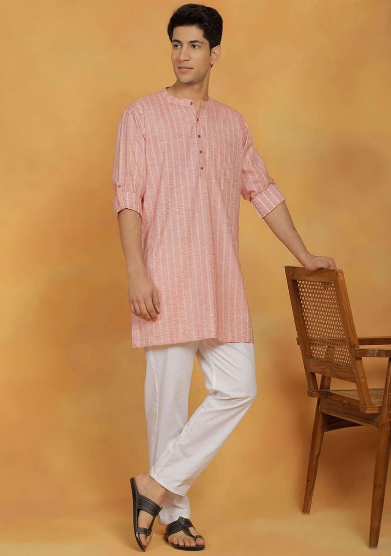 Pink Woven Cotton Kurta For Men