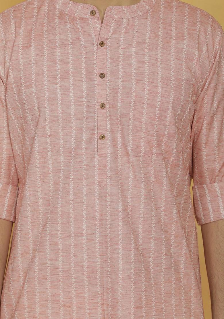 Pink Woven Cotton Kurta For Men