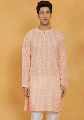 Peach Ethnic Motifs Cotton Kurta For Men