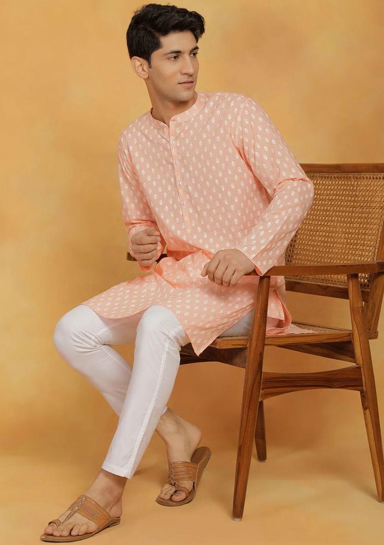 Peach Ethnic Motifs Cotton Kurta For Men