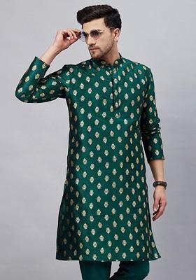 Green Ethnic Motifs Poly Blend Kurta For Men