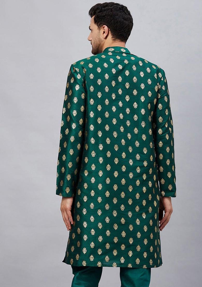 Green Ethnic Motifs Poly Blend Kurta For Men