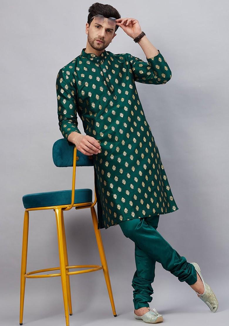 Green Ethnic Motifs Poly Blend Kurta For Men