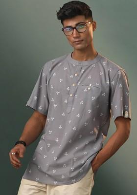 Grey Floral Print Poly Blend Kurta For Men