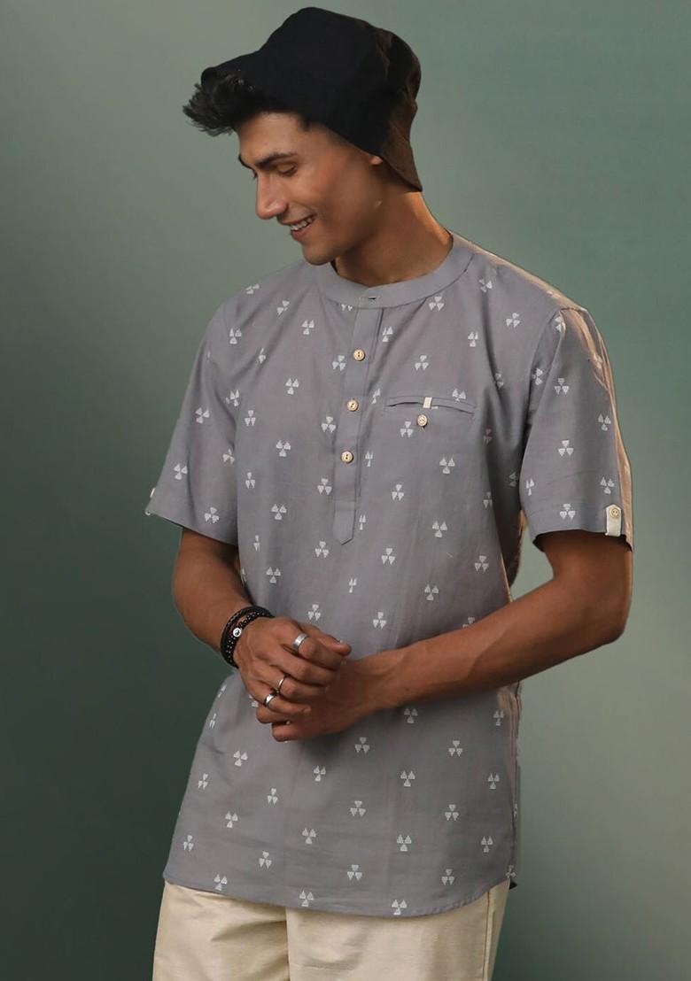 Grey Floral Print Poly Blend Kurta For Men