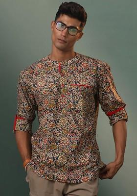 Cream Floral Print Cotton Kurta For Men