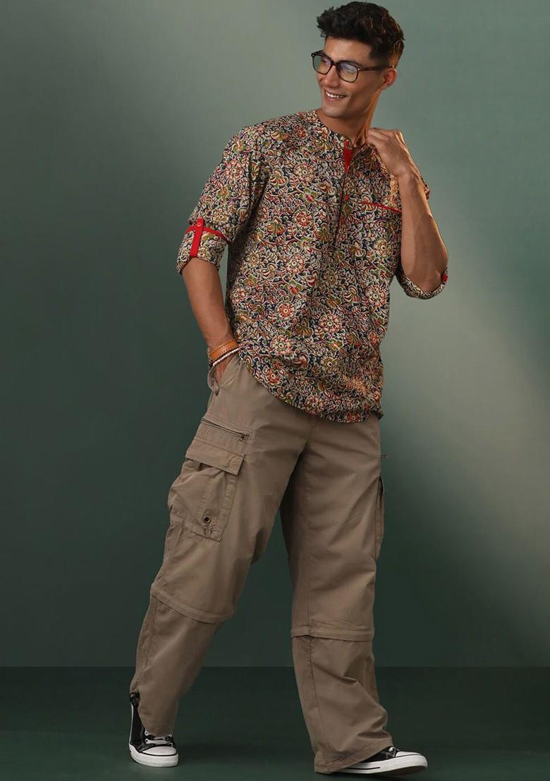 Cream Floral Print Cotton Kurta For Men