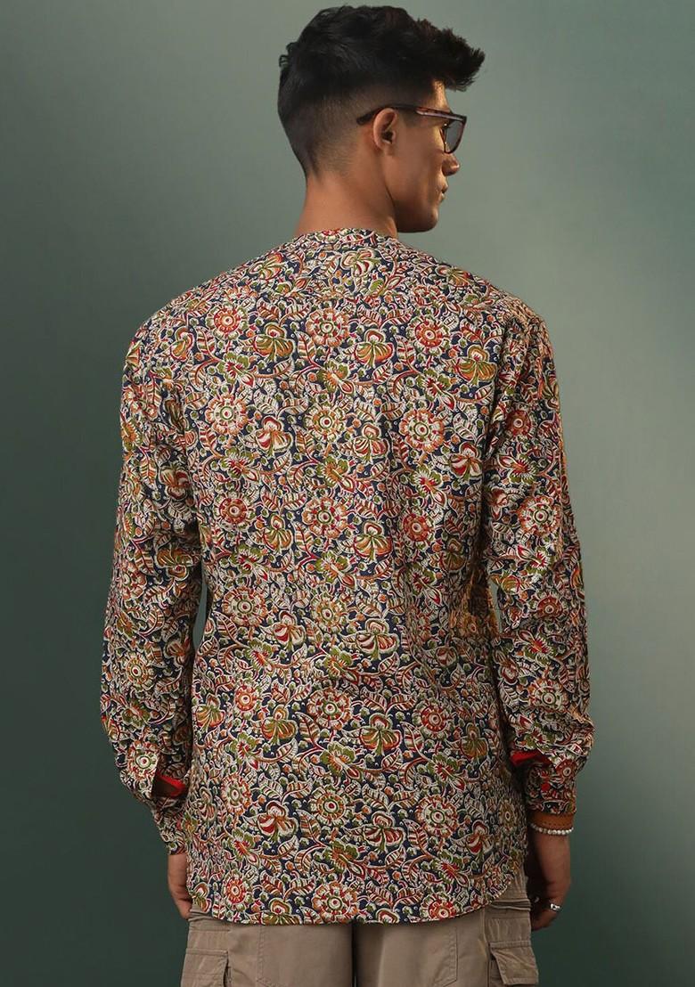 Cream Floral Print Cotton Kurta For Men