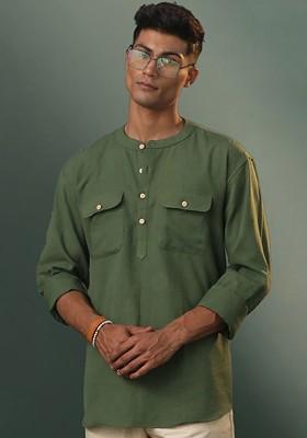 Olive Solid Poly Blend Kurta For Men
