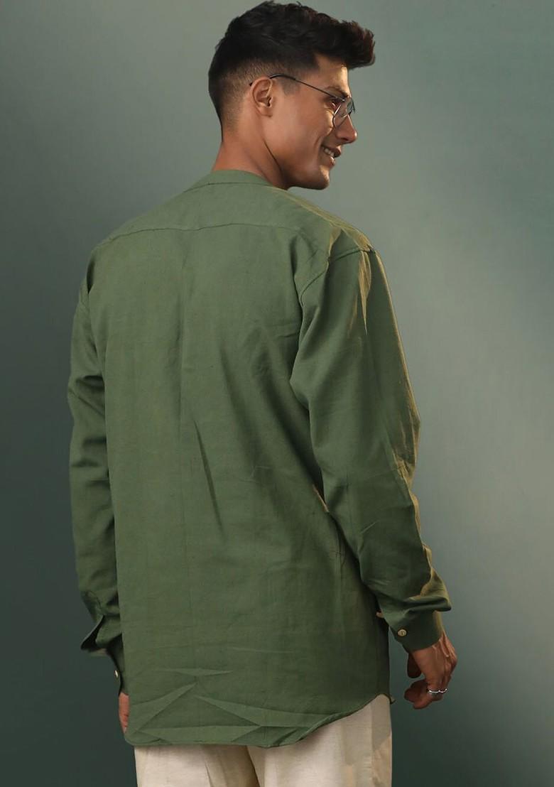 Olive Solid Poly Blend Kurta For Men