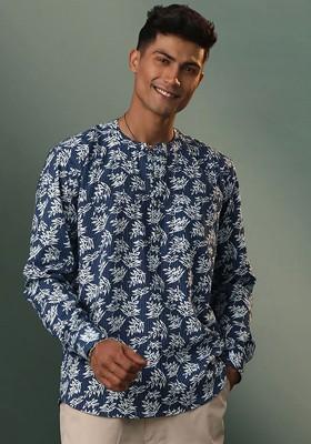 Navy Blue Printed Poly Blend Kurta For Men