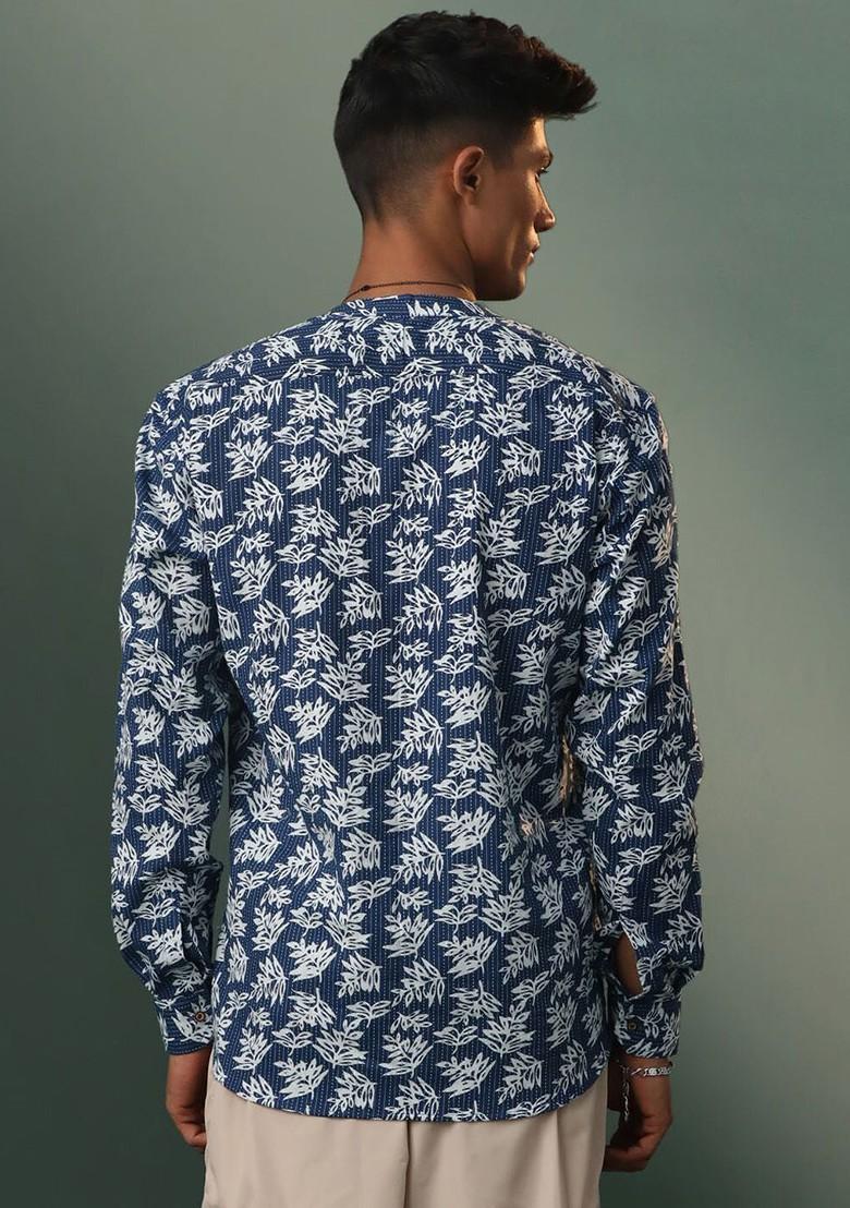 Navy Blue Printed Poly Blend Kurta For Men