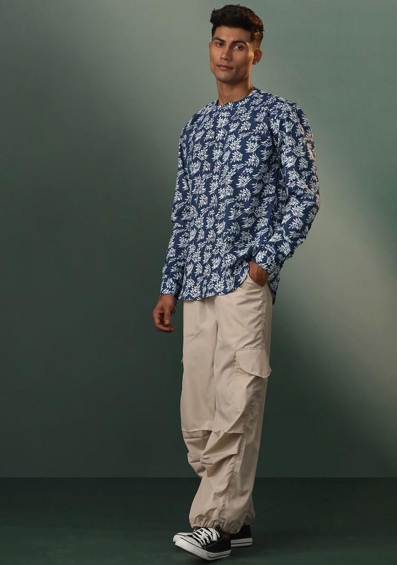 Navy Blue Printed Poly Blend Kurta For Men