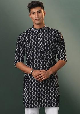 Black Mirror Work Cotton Kurta For Men