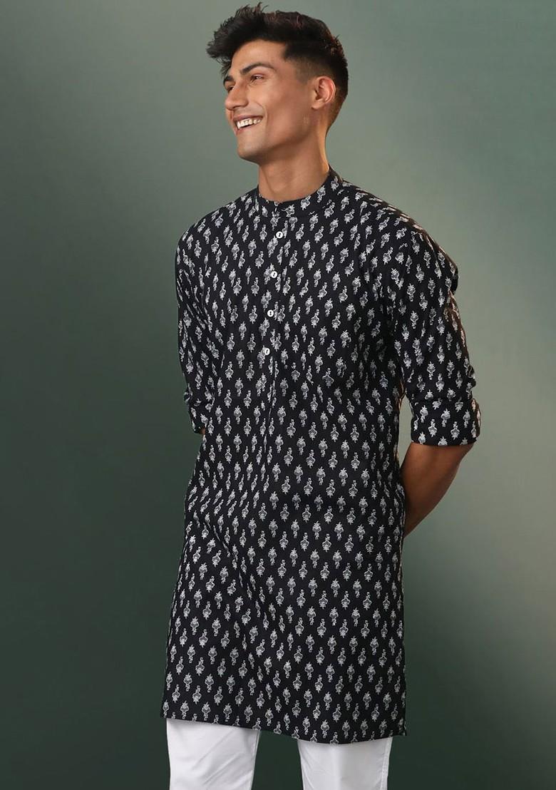 Black Mirror Work Cotton Kurta For Men