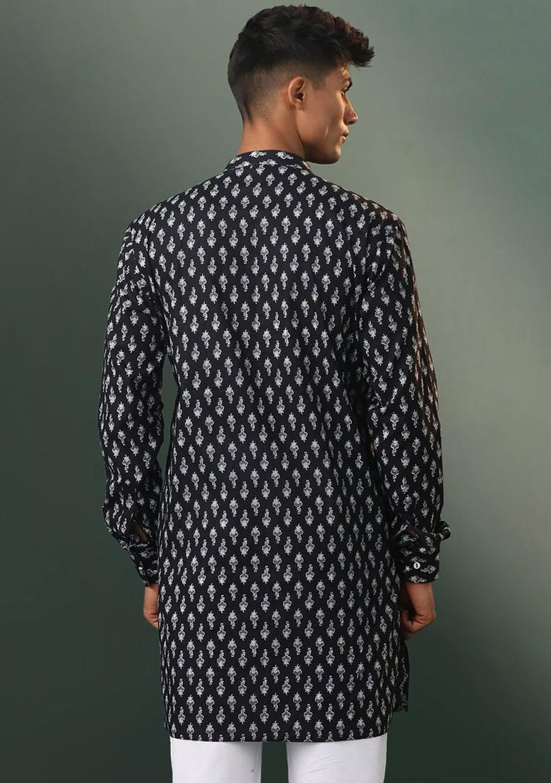 Black Mirror Work Cotton Kurta For Men
