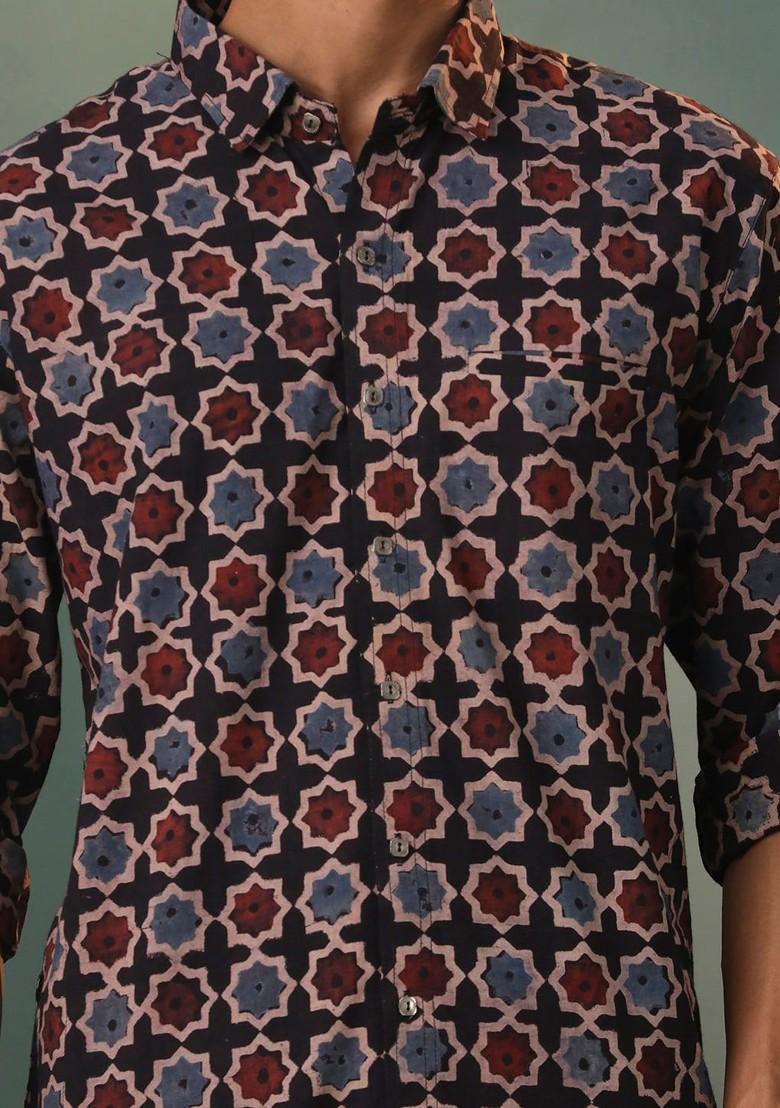 Black Geometric Print Poly Blend Kurta For Men