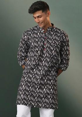 Black Abstract Print Poly Blend Kurta For Men