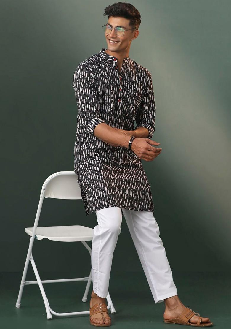 Black Abstract Print Poly Blend Kurta For Men