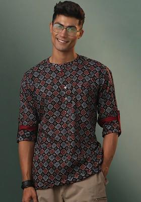 Black Geometric Print Poly Blend Kurta For Men